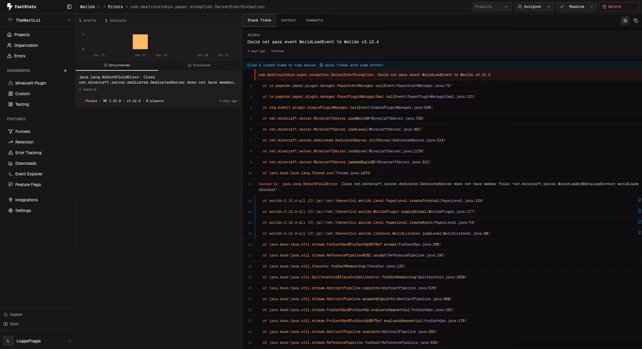 FastStats error dashboard with grouped issues, stack traces, and affected sessions